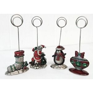 Set of 4 Holiday Christmas Place Card / Photo Holder Pewter Enamel Santa Penguin